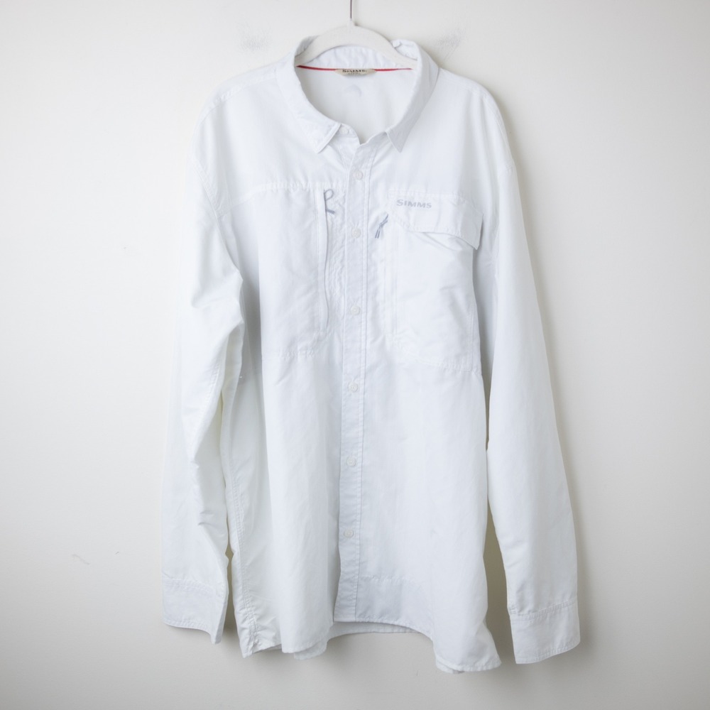 Simms Guide Fishing Shirt Mens 2XL White Zippered Pocket Fast Dry Roll-Up Sleeve